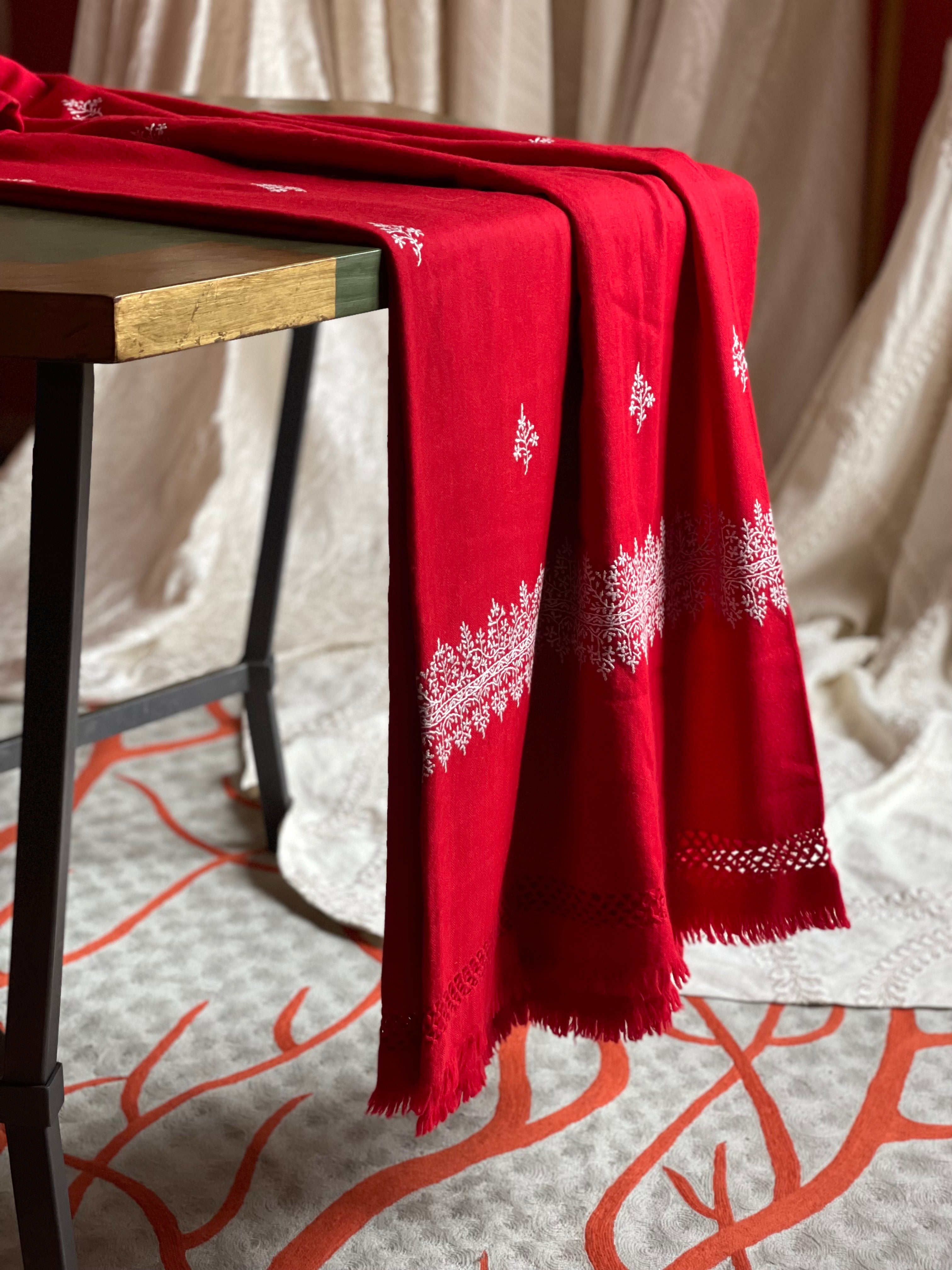 RED WOOL EMBROIDERED BEDSPREAD